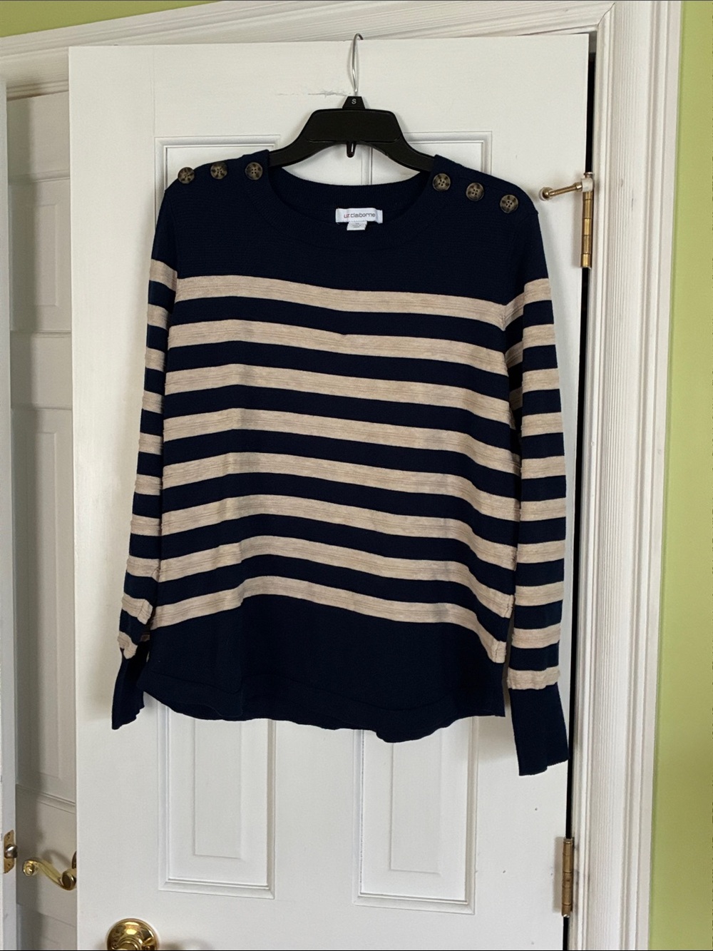 Liz Claiborne Navy and Beige Striped Button-Shoulder Sweater